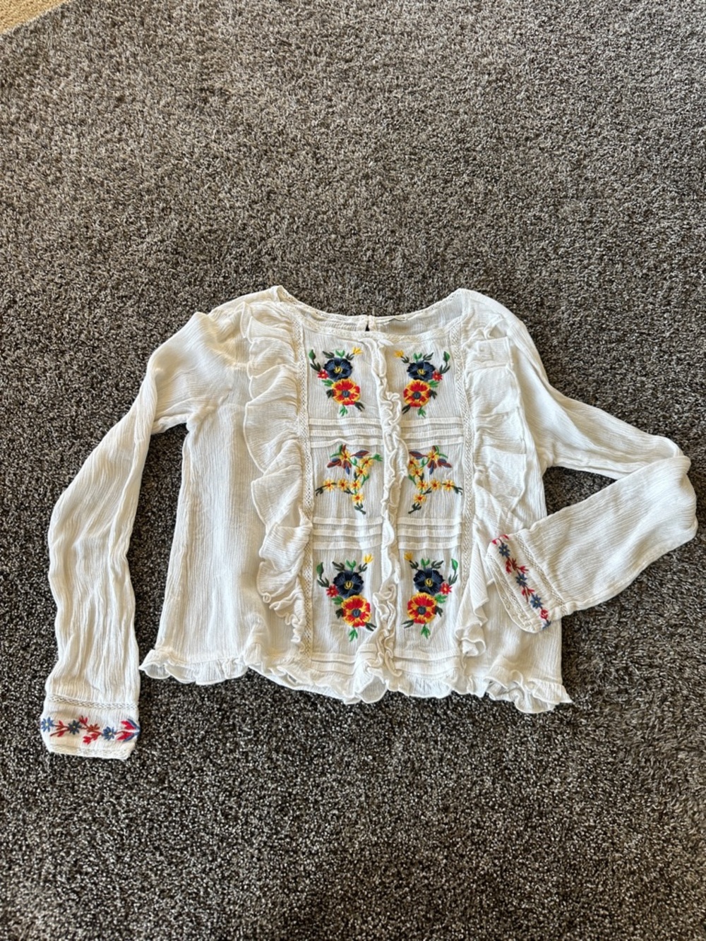 Embroidered White Ruffle-Front Blouse XS Multicolor Floral Embroidery Feminine